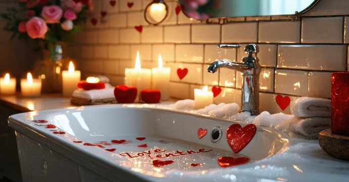 Romantic bathroom scene. Candles, roses, hearts create cozy atmosphere. Bathtub filled with bubbles, inviting relaxation.