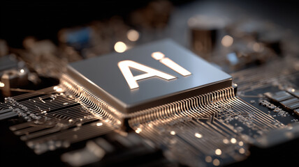 Artificial intelligence processor chip labeled AI on a circuit board representing machine intelligence computing power and automation technology.
