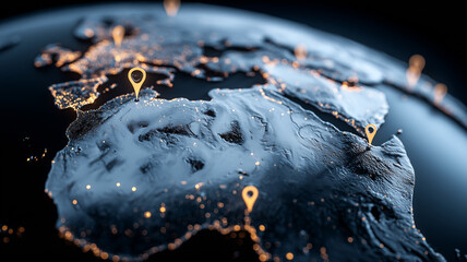 Three dimensional world map with location pins representing global positioning international presence and geographic connectivity concepts.
