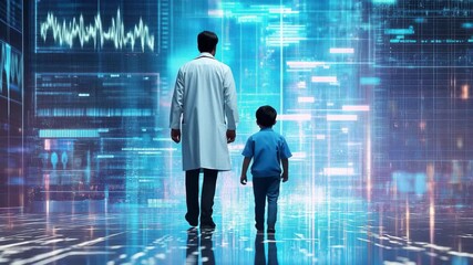 Financial data processing observed by male doctor and child in a futuristic environment with digital displays, financial data processing over diverse doctors - Powered by Adobe