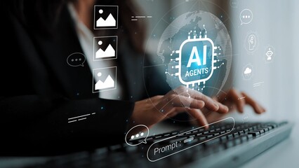 Business professional interacting with digital AI agents on a computer while handling futuristic technology in a modern office environment Gluon.