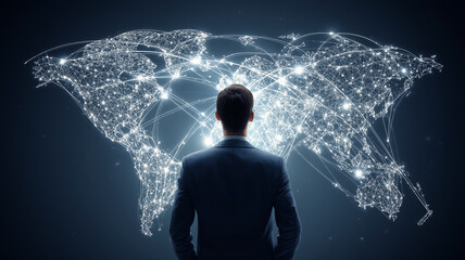 A businessman observing a glowing global network map representing international connections, digital communication and global strategy.
