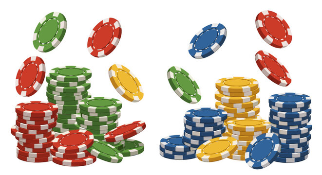 Colorful casino chips in stacked piles and scattered illustrate gambling games of chance, luck, and risk, creating a vibrant image ideal for casino promotion or gaming advertising.