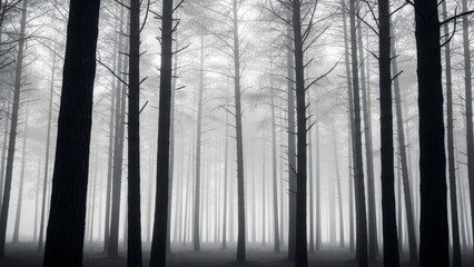 Misty Forest with Tall Trees Silhouettes.