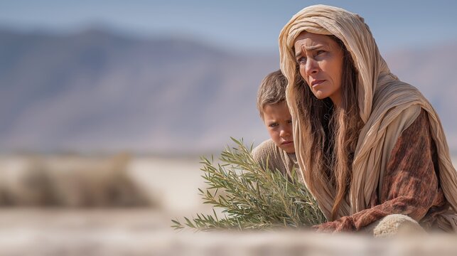 Hagar places her son beneath a desert shrub, surrounded by barren wilderness, symbolizing despair, human weakness, and God&rsquo;s unseen mercy in the wilderness.