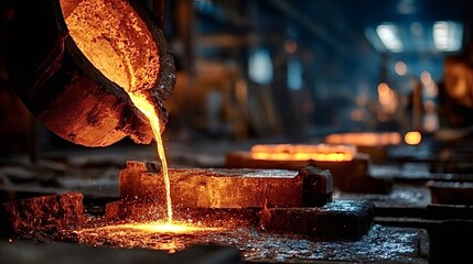 Molten iron pouring from a powerful ladle into ingot molds, creating new steel while showcasing extreme heat and the intense process of metallurgy in an industrial setting