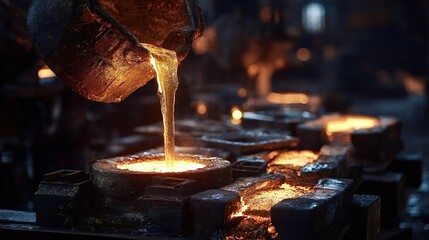 Molten metal is flowing from a crucible, filling multiple casting molds on an assembly line, representing heavy industry, manufacturing, and metallurgy processes