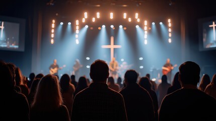 Wide shot of stage with cross and audience watching live worship band.