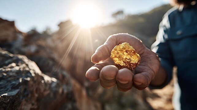 Prospector's hand holding a raw gold nugget, symbolizing the excitement of discovery, natural wealth, and the thrilling experience of mining precious metals under bright sunlight