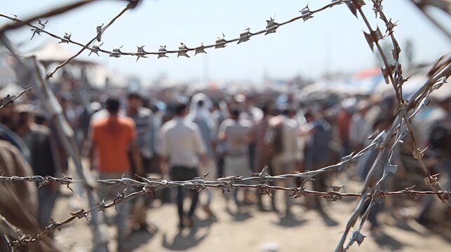 Barbed wire in sharp focus symbolizing confinement and protection, with a blurred crowd of refugees and migrants in the background navigating a challenging border crossing