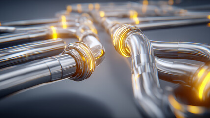 Interconnected metallic pipelines with glowing joints representing data flow system integration and industrial network connectivity.
