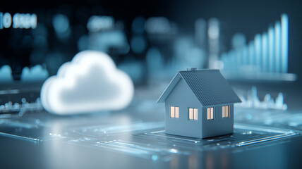 A miniature house placed on a digital circuit platform illustrating smart home innovation, cloud based real estate systems and connected living technology.
