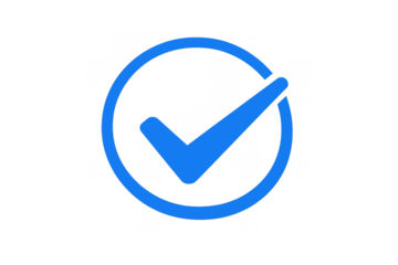 Blue check mark icon showing successful verification, approval, confirmation, and completed task status on a transparent background