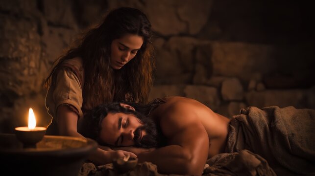 Samson betrayed by Delilah as she cuts his hair by lamplight, a dramatic moment of temptation, weakness, and the loss of God-given strength.