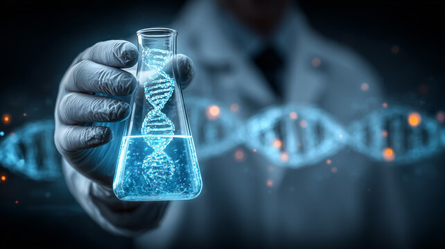 Scientist holding a laboratory flask with a glowing DNA helix representing genetic research biotechnology and medical innovation.
 - Powered by Adobe