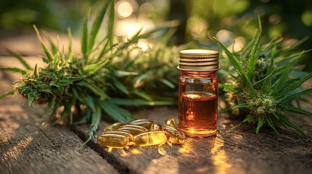 Cannabis plants and buds arranging around a glass bottle of cbd oil extract and softgel capsules on a rustic wooden surface in warm natural light, symbolizing herbal medicine and wellness