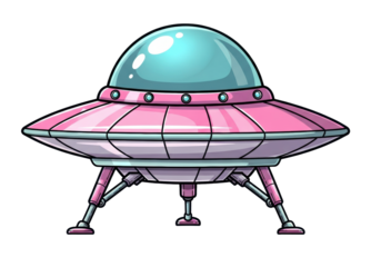 whimsical cartoon flying saucer in glossy metallic pink and pastel grey, resting on landing gear, featuring a cyan dome cockpit, stylized pop art vector illustration, retro-futuristic fun concept