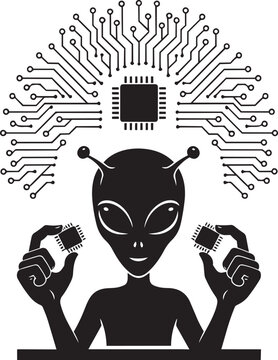 Alien holding microchips with electronic circuit board radiating above head vector