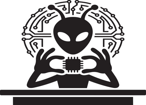 Black silhouette of alien holding microchip surrounded by circuit board elements in background