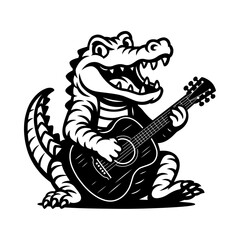 Alligator Playing Guitar Black and White Cartoon Illustration for Music Mascot, Fun Character, Band Design and Creative Branding
