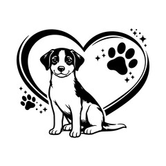 Cute Puppy Inside Heart with Paw Prints Black and White Illustration for Pet Love, Animal Care, Adoption and Emotional Design