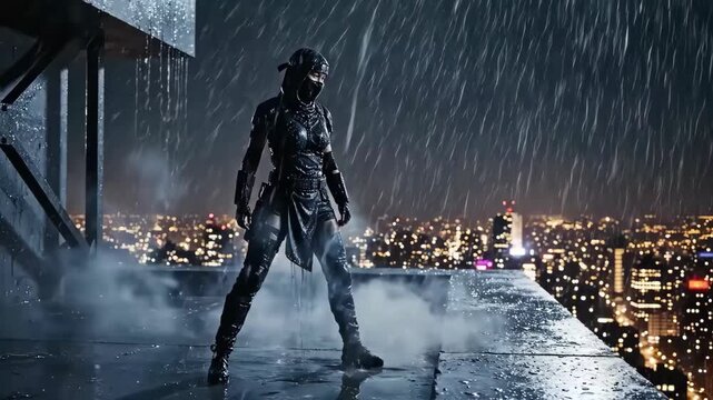 Ninja rooftop rain night cityscape warrior. stealth masked warrior rainy rooftop overlooking lit