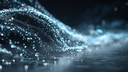 A glowing digital wave of particles over a dark surface illustrating data flow artificial intelligence and information networks.
