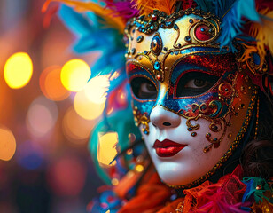 Venetian carnival mask, closeup, copy space
