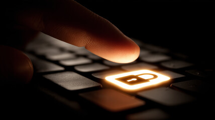 A human finger pressing a glowing lock icon on a keyboard illustrating secure access cybersecurity control and digital data protection.
