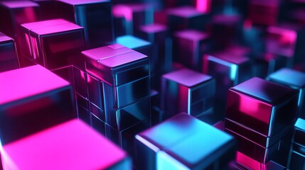 A futuristic arrangement of metallic cubes illuminated by vibrant pink and blue neon lights in a dark setting.