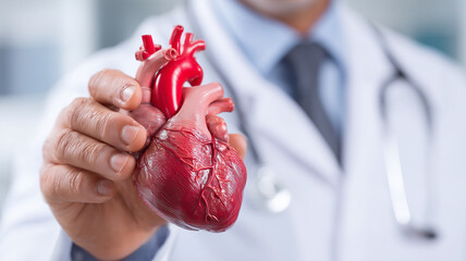 A doctor holding a realistic human heart model illustrating cardiovascular health medical care and life saving treatment.
