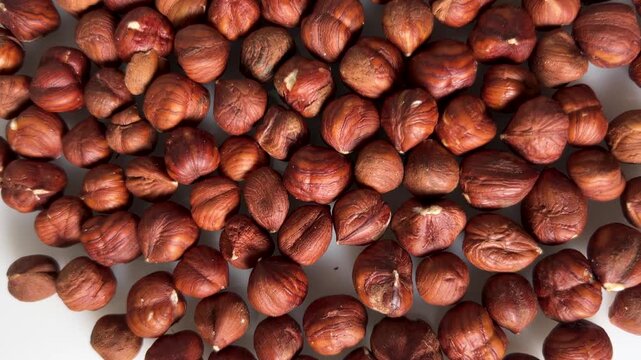 Shelled hazelnuts on a white background, tracking shot of hazelnuts seen from above