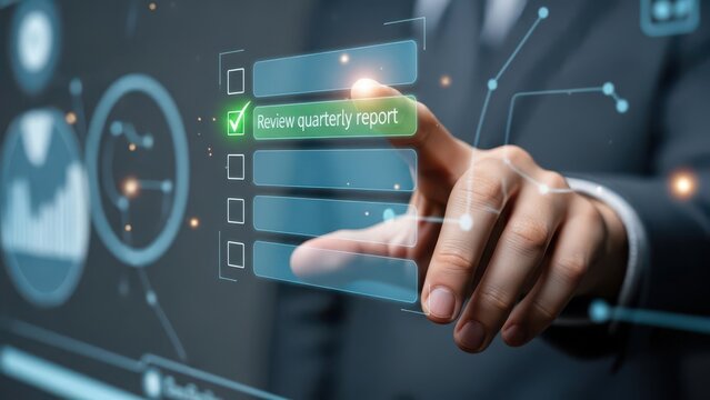 Executive reviewing quarterly business report on digital interface - Powered by Adobe