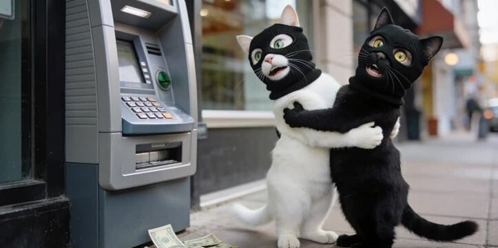 omedy Animation Of Two Cats In Black Ski Masks Trying To Break Into An Atm On A City Sidewalk