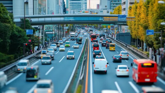 Miniature traffic jam captured in time lapse at urban highway during daytime rush hour, A timelapse of the miniature traffic jam at the urban street in Tokyo panning