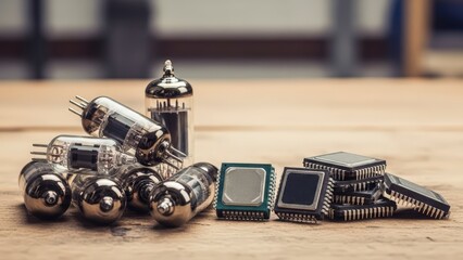 Vintage Electronics and Modern Microchips Display.