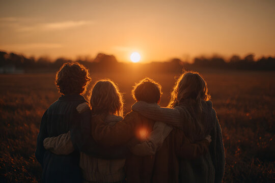 A group of friends standing in silhouette against the backdrop of an open field, arms around each other's shoulders as they gaze towards a beautiful sunset Generative AI