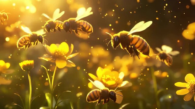 Honeybees diligently pollinating vibrant flowers in sunny daylight, Bees honeybees flying arround flowers in sunlight