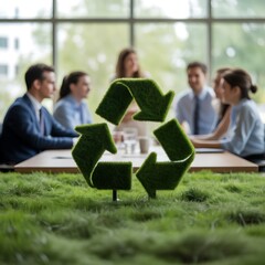 Business Team Meeting Around Green Recycling Symbol in Modern Office