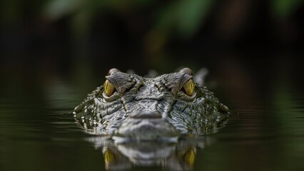 Fototapeta premium Crocodile's head peeking above water surface with eyes staring directly into the camera lens in a serene aquatic environment