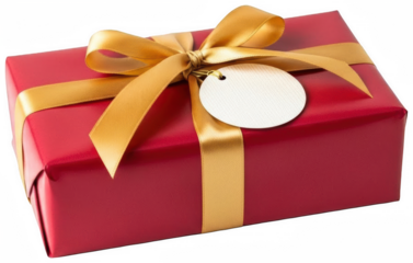 Valentine PNG, Vibrant red gift box with a gold ribbon and blank tag for personalized greetings