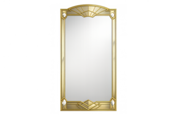 Art deco style standing mirror with golden frame, geometric pattern, and elegant vintage design on transparent background