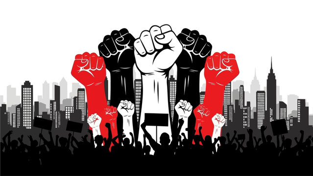 Dynamic illustration of raised fists and an impassioned crowd symbolizing collective strength, solidarity, and the powerful call for social change in an urban setting