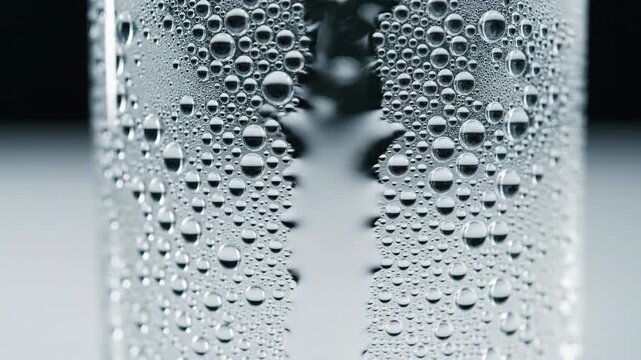 Close up macro shot of condensation droplets forming on a clear glass with subtle lighting and a dark background highlighting the texture and shape of the water beads creating an abstract pattern