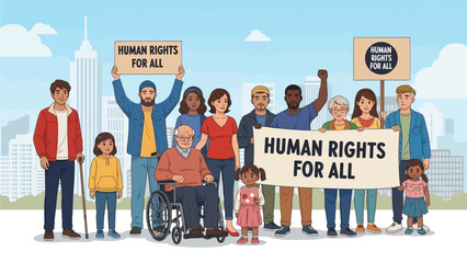 Diverse group of people holding signs advocating for human rights for all, symbolizing unity and equality