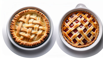 Two Delicious Pies In White Ceramic Dishes One With A Smooth Top And The Other With A Classic Lattice Crust