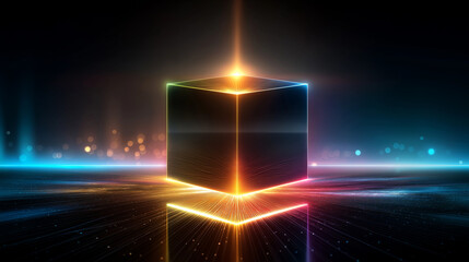Colorful light emitting from cube creating mesmerizing visual effect in dynamic timeline overlay animation, chromatic temporal geometry, with copy space