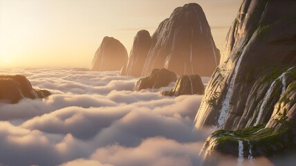 Misty mountain peaks in serene landscape with warm golden lighting on rocky cliffs for travel background