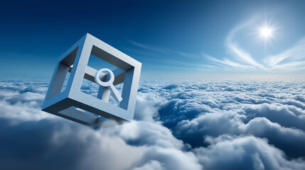 Floating cube object in clear sky with search icon inside symbolizing discovery and innovative structure concepts, airborne inquiry box, with copy space