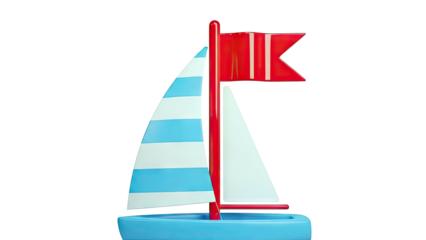 Blue and white striped sailboat with red flag